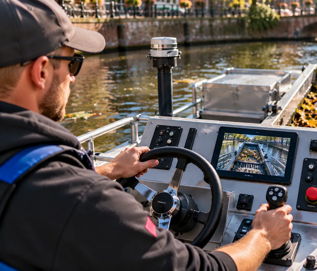 Schipper bedient de veegboot, met camerabeeld van de transportband op het scherm (impressie)