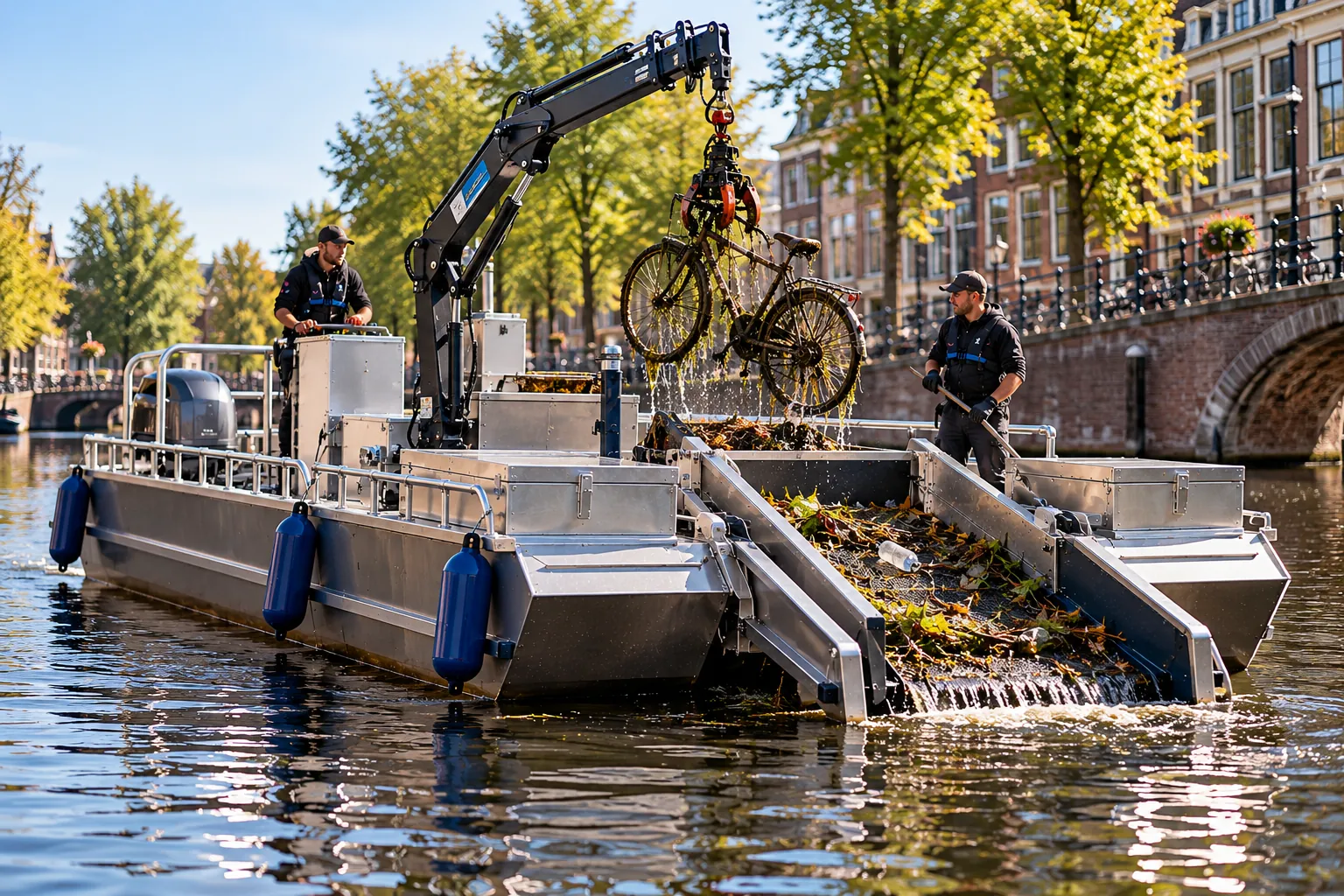 Kraan op de veegboot hijst een fiets uit de gracht (impressie)