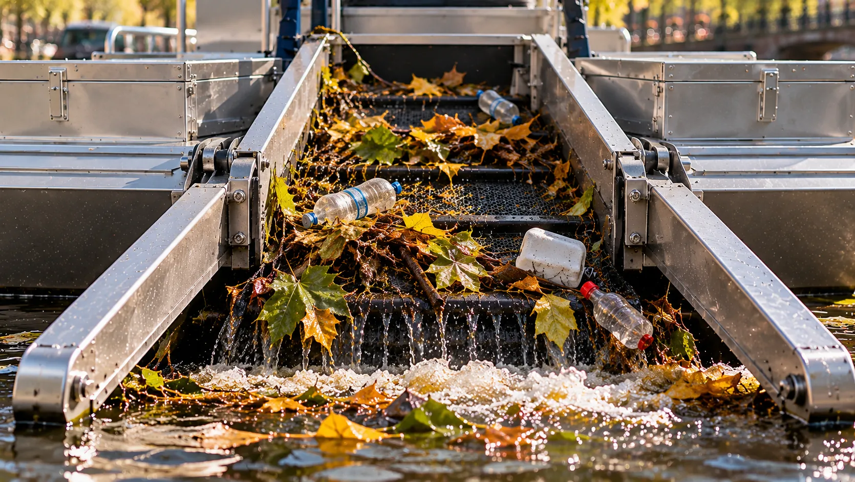 Transportband van de veegboot haalt blad en plastic uit het water (impressie)