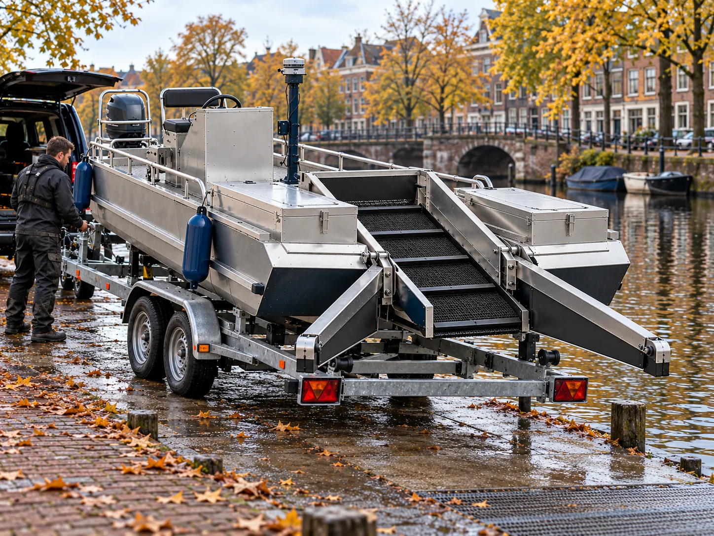 Veegboot wordt vanaf de trailer te water gelaten voor een snelle inzet (impressie)