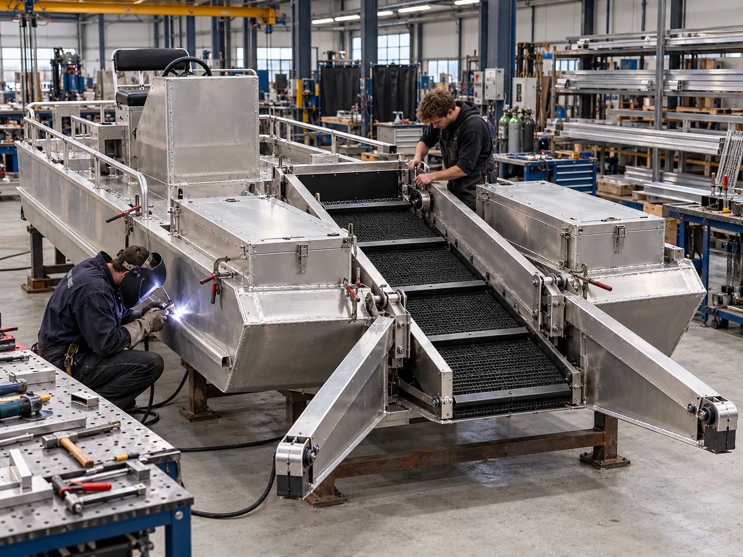 Afbouw van een veegboot in de werkplaats (impressie)